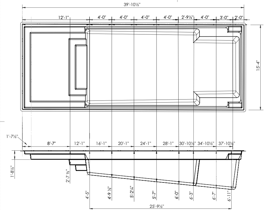 A technical drawing showing the top and side views of a rectangular swimming pool, including dimensions labeled in feet and inches, with various sections and features marked.